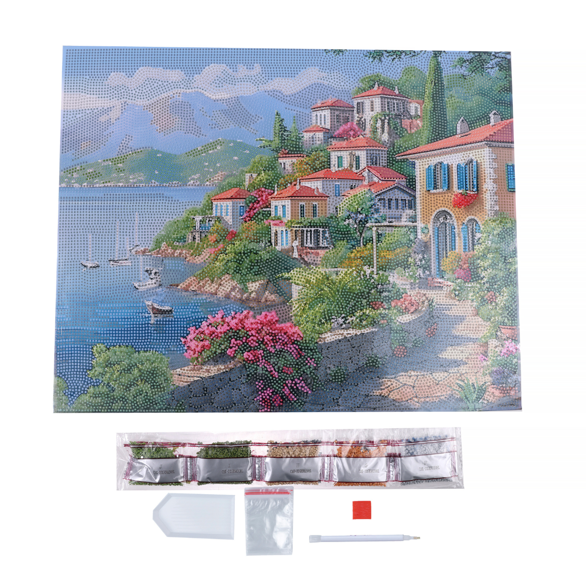 Blossoms & Blue Waters Crystal Art Canvas Kit contents