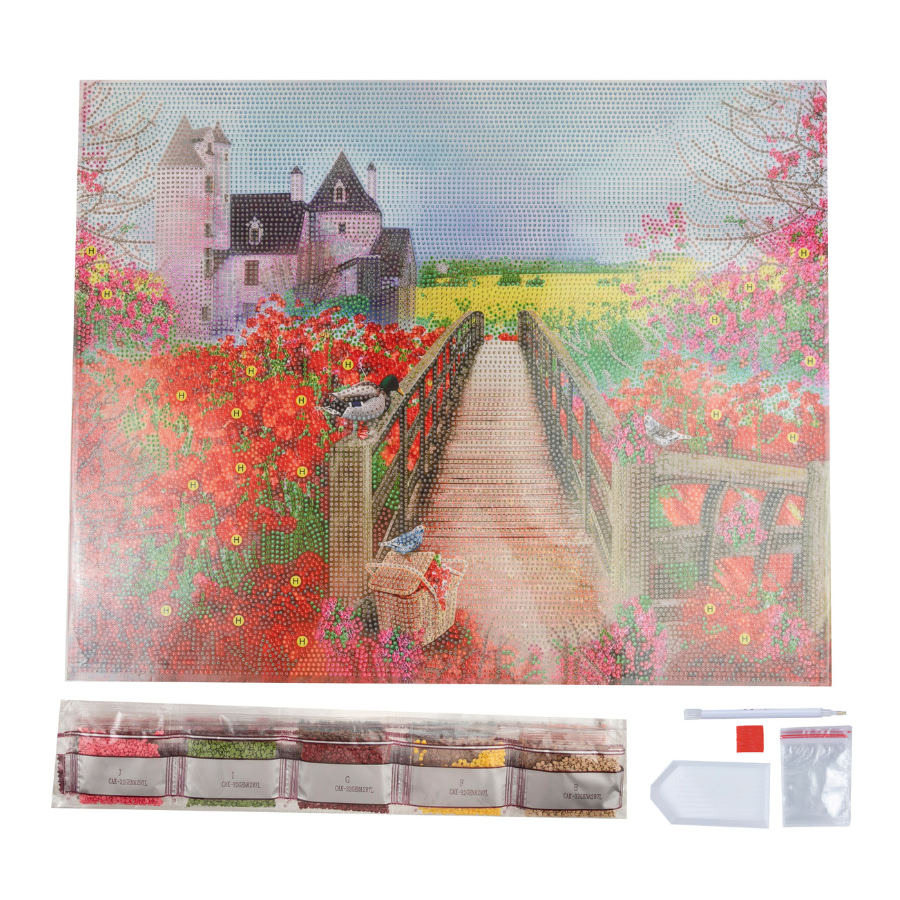 Castle Beyond The Poppies Crystal Art Framed Canvas Kit 50x40cm