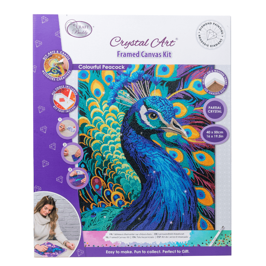Colourful Peacock Crystal Art Framed Canvas Kit 40x50cm