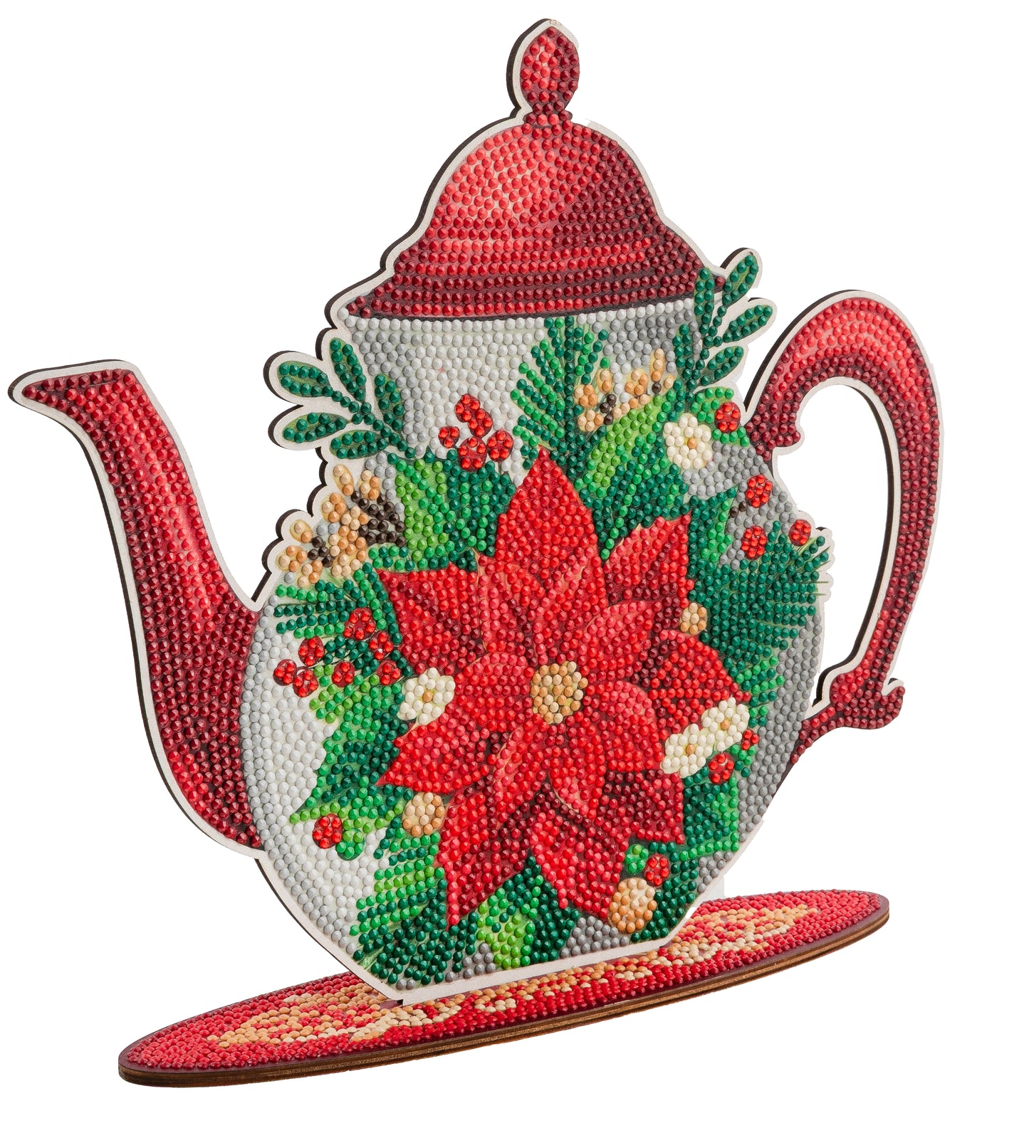 Poinsettia Teapot Crystal Art Wooden Decoration angle