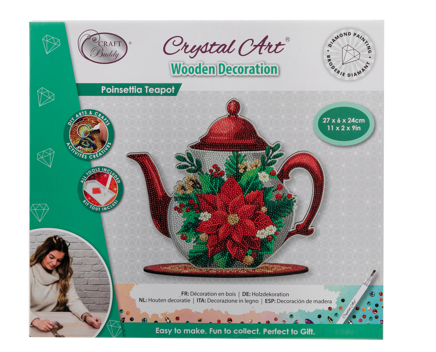 Poinsettia Teapot Crystal Art Wooden Decoration pack