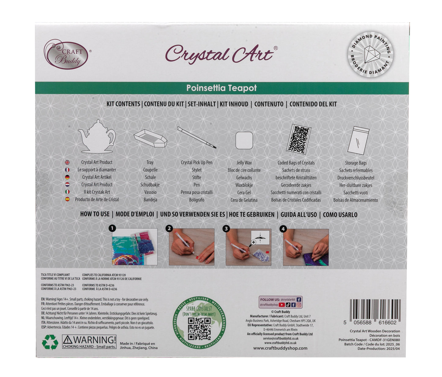 Poinsettia Teapot Crystal Art Wooden Decoration packback