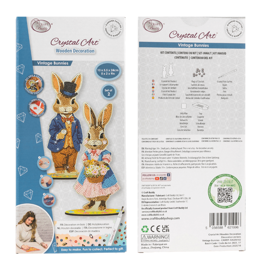 Vintage Bunnies Crystal Art Wooden Decoration