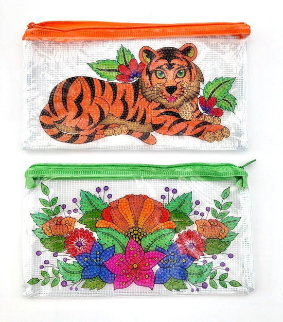 "Tiger & Flowers" Crystal Art Pencil Cases Set of 2