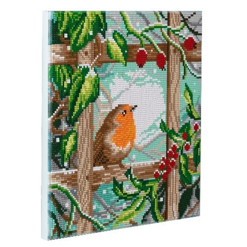 Robin at the fence crystal art canvas art kit side view