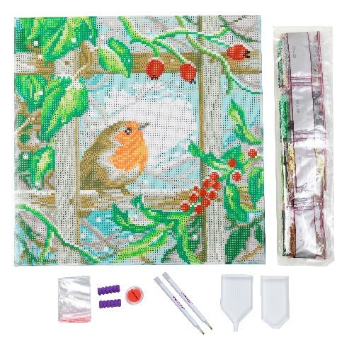 Robin at the fence crystal art canvas art kit contents