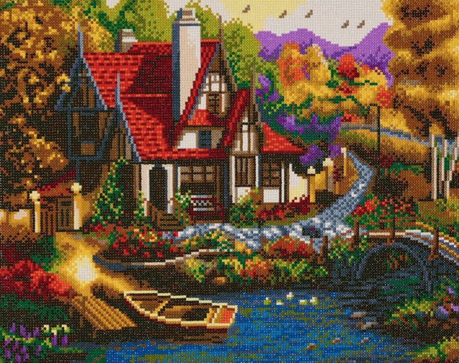 Load image into Gallery viewer, &amp;quot;Riverside Cottage&amp;quot; Framed Crystal Art Kit, 40x50 cm
