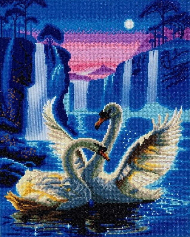 Load image into Gallery viewer, &amp;quot;Moonlight Swans&amp;quot; Framed LED Crystal Art Kit 40x50cm
