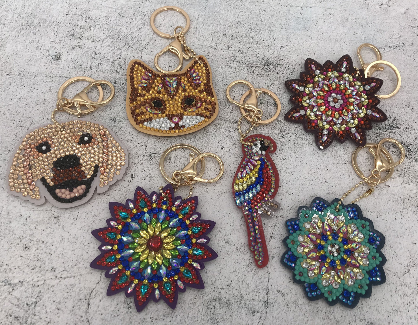 Load image into Gallery viewer, “Mandalas and Pets&amp;quot; Crystal Art Keyring and Keychains x6
