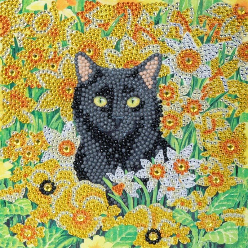 "Cat Amongst the Flowers" Crystal Art Card 18x18cm