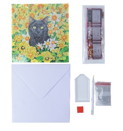 "Cat Amongst the Flowers" Crystal Art Card 18x18cm