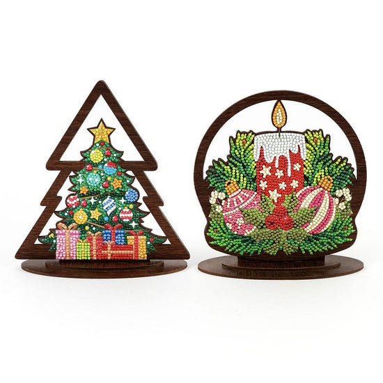 Jolly tree and festive candle crystal art mdf home ornaments set of 2