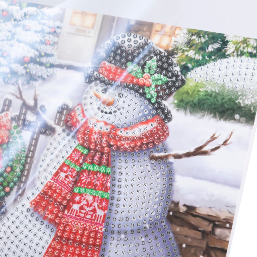 Load image into Gallery viewer, smiling-snowman-18x18cm-crystal-art-card-close-up-incomplete

